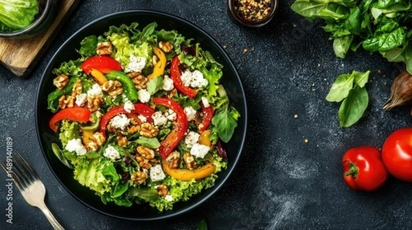 Obraz High-angle shot of a gourmet salad bowl with roasted bell peppers, feta cheese, and nuts.
