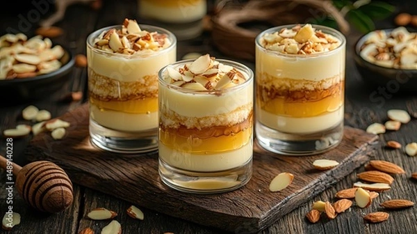 Obraz High-angle shot of layered yogurt dessert in a glass with honey drizzle and almond flakes.