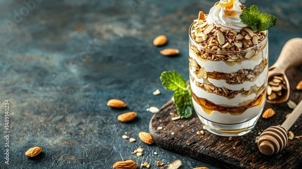 Obraz High-angle shot of layered yogurt dessert in a glass with honey drizzle and almond flakes.