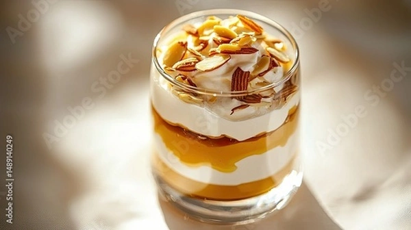 Obraz High-angle shot of layered yogurt dessert in a glass with honey drizzle and almond flakes.