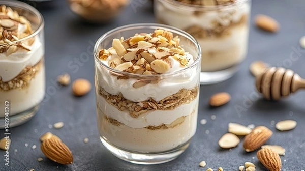Obraz High-angle shot of layered yogurt dessert in a glass with honey drizzle and almond flakes.