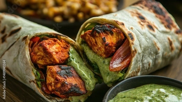 Obraz High-angle view of a delicious Indian wrap, cut in half to reveal its juicy filling of tandoori chicken and green chutney.