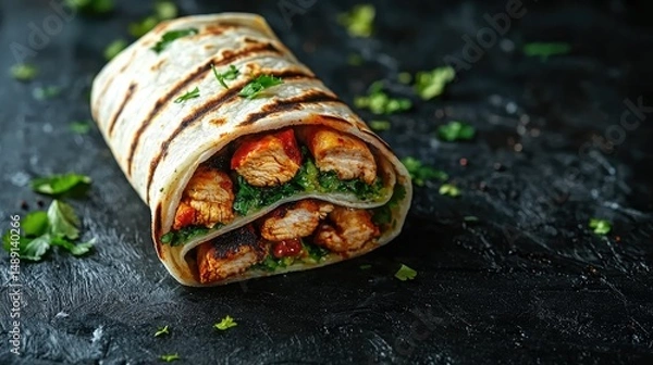 Obraz High-angle view of a delicious Indian wrap, cut in half to reveal its juicy filling of tandoori chicken and green chutney.