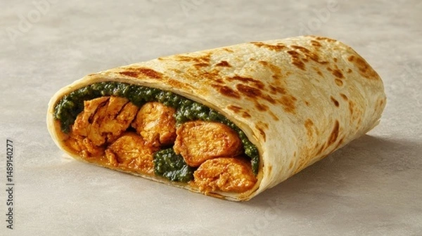 Obraz High-angle view of a delicious Indian wrap, cut in half to reveal its juicy filling of tandoori chicken and green chutney.