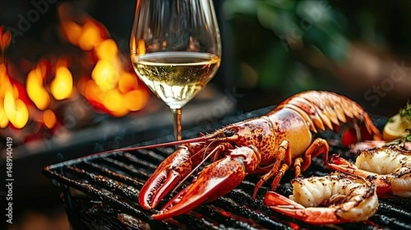 Obraz High-end seafood feast with grilled lobster, prawns, and a glass of white wine.