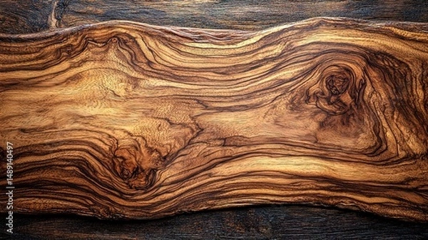 Fototapeta Intricate wood grain patterns on a dark olive wood surface.