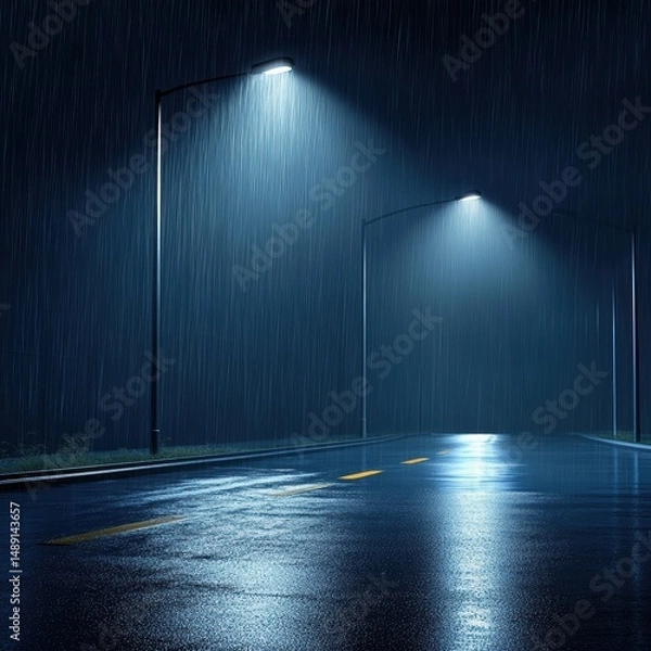Fototapeta A serene nighttime scene with rain falling on a quiet road illuminated by streetlights.