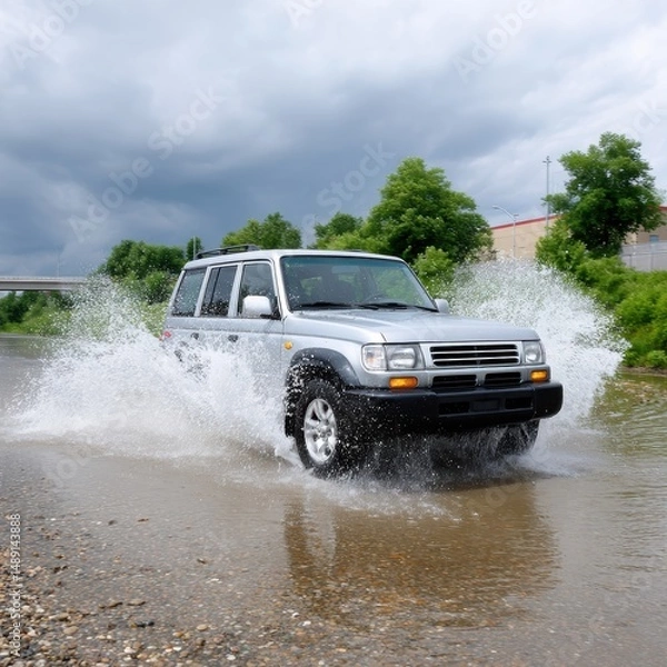 Fototapeta A silver SUV splashes through a shallow stream, showcasing its off-road capabilities against a cloudy backdrop.