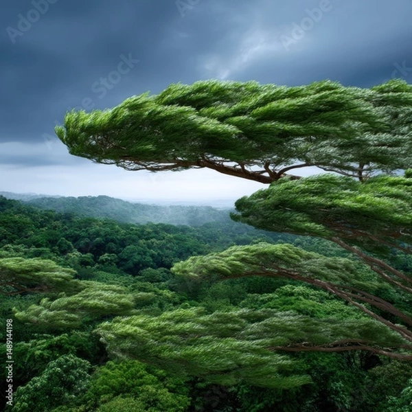 Fototapeta A striking view of lush green trees under a moody, overcast sky, showcasing nature's resilient beauty.
