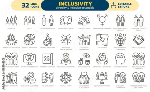Fototapeta Inclusivity icon set. Thin line editable stroke icons for diversity, equity, accessibility, global community, multiple different gender and cultural identities, inclusion for all, dei