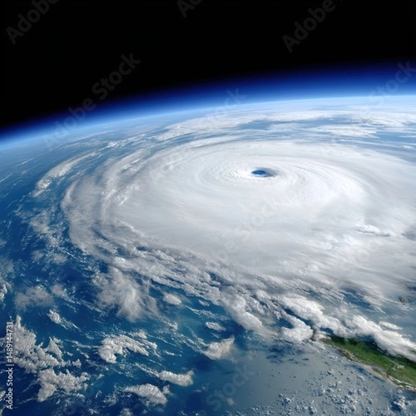 Fototapeta A stunning view of a hurricane swirling above the ocean, showcasing the power of nature from space.