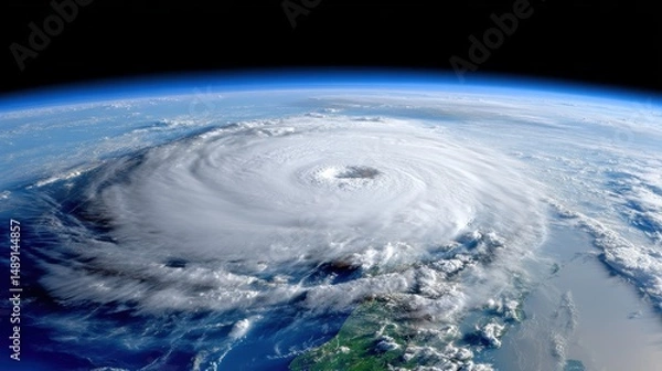 Fototapeta A stunning view of a massive hurricane swirling over the ocean from space, showcasing nature's raw power and beauty.