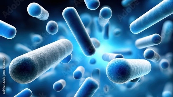 Fototapeta A stunning visualization of bacteria in vibrant blue hues, representing microscopic life and its significance in science.