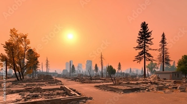 Fototapeta A sunset scene over a devastated landscape, featuring burned trees and remnants of buildings in the foreground.