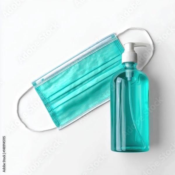 Fototapeta A teal bottle of hand sanitizer next to a surgical mask on a clean background.