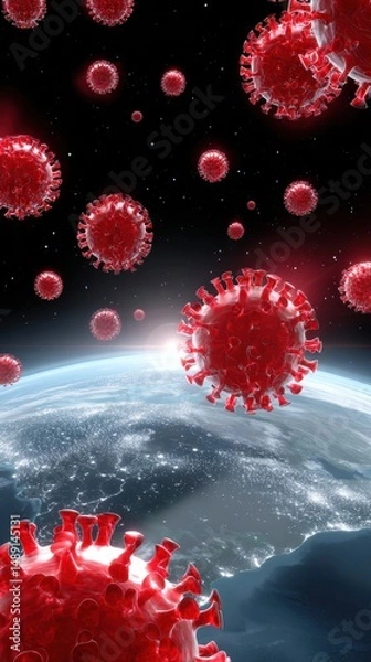 Fototapeta A surreal visualization of virus particles surrounding the Earth, representing the impact of pandemics on our planet.