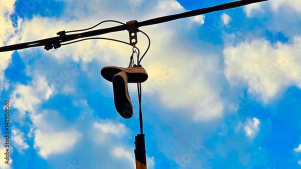 Fototapeta Old shoes hanging from a power line against a blue sky with clouds