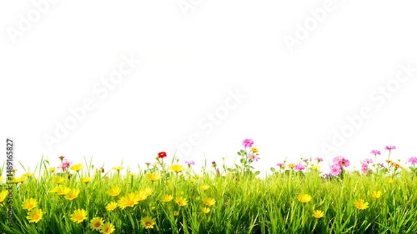 Fototapeta Border of green grass and flowers. White space for your text.