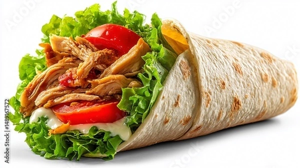 Fototapeta Delicious Chicken Wrap with Fresh Vegetables on White Background