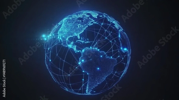 Fototapeta 3D-rendered globe with bright blue network links connecting major cities, symbolizing worldwide internet connectivity, digital communication, and global business, isolated on dark gradient background.