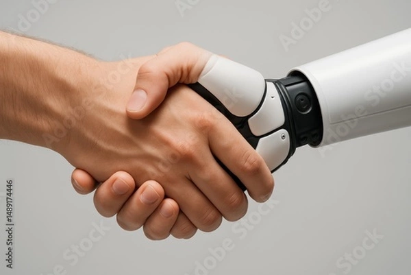 Fototapeta Human and Robot Handshake Symbolizing Partnership and Cooperation in Technology and Innovation