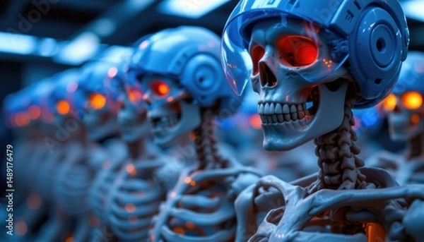 Fototapeta Futuristic robotics experiment featuring skeletons in a high-tech laboratory science fiction dark environment close-up view
