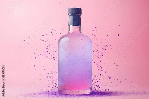 Fototapeta A glass bottle with a vibrant splash effect on a pink backdrop.