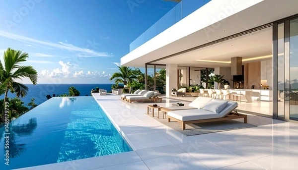 Fototapeta 青空と高級ホテルのプールとリクライニングチェア。AIで生成