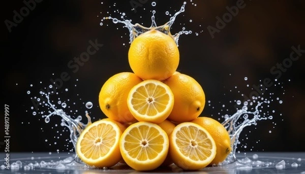 Obraz Splashing fresh lemons stacked in water vibrant kitchen setting food photography close-up view culinary delight