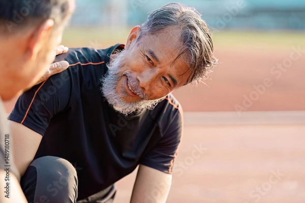 Fototapeta Supportive senior Asian man engaging in a wellness conversation with a friend on a track field.