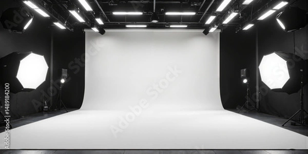 Obraz High-Contrast Photography Studio with Seamless Backdrop A professional photo studio featuring a large, matte-black cyc wall and a crisp white