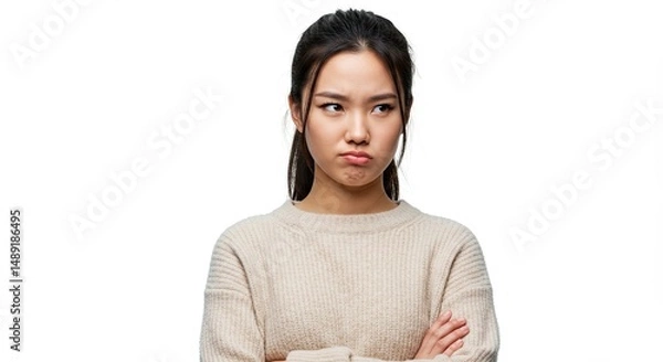 Obraz Young Asian woman with a skeptical expression and arms crossed indoors