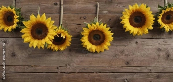 Fototapeta Sunflowers, various stages, displayed on weathered wood , wood, photography, harvest