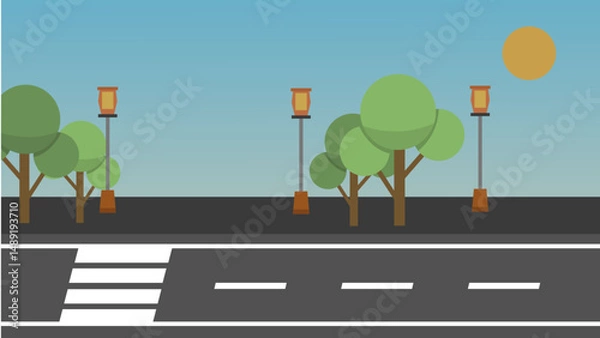 Fototapeta Flat Urban Street Scene with Trees and Lamp Posts – Vector Illustration