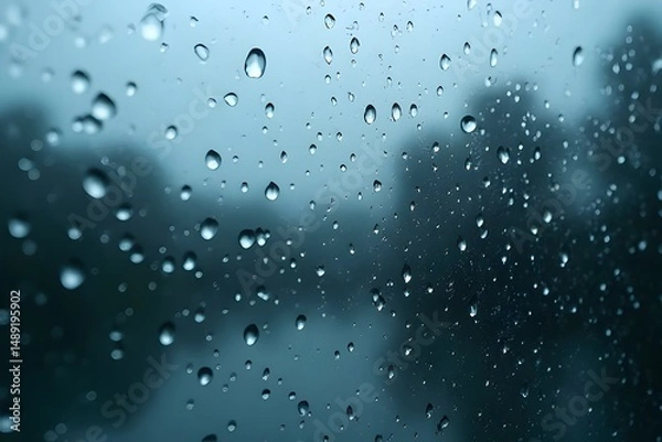 Obraz Raindrops create an abstract blue pattern of wet, transparent bubbles on the clear glass window