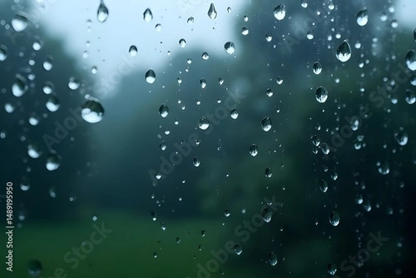 Obraz Raindrops create an abstract blue pattern of wet, transparent bubbles on the clear glass window