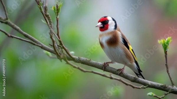 Fototapeta Goldfinch perched gracefully on a branch with lush green foliage in a natural setting