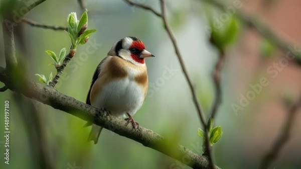 Fototapeta A beautiful european goldfinch perched elegantly on a branch surrounded by greenery