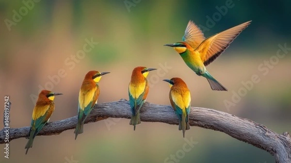 Fototapeta Beautiful european bee-eaters perched on a branch with one taking flight in nature