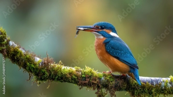 Fototapeta Common kingfisher perched on a mossy branch with a tiny fish captured in its beak