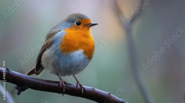 Fototapeta Beautiful european robin perched gracefully on a branch with vibrant orange chest feathers