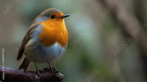 Fototapeta Close up of an adorable european robin bird perched on a blurred branch looking at the distance