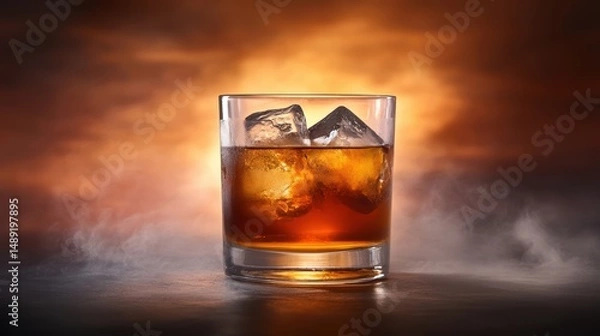 Fototapeta A classic whiskey glass with a dark amber drink and ice cubes, set against a smoky background with warm lighting
