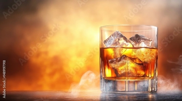 Fototapeta A classic whiskey glass with a dark amber drink and ice cubes, set against a smoky background with warm lighting