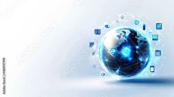 Fototapeta A clean technology banner with a digital globe, interconnected lines, and icons of modern tech devices, highlighting global connectivity.
