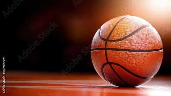 Fototapeta A close-up of a basketball resting on the court, with the textured surface catching the light and showing off its grip patterns in focus.