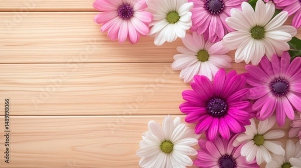 Fototapeta A close-up of a flower pattern made from fresh flowers arranged on a wooden table, creating a nature-inspired design.