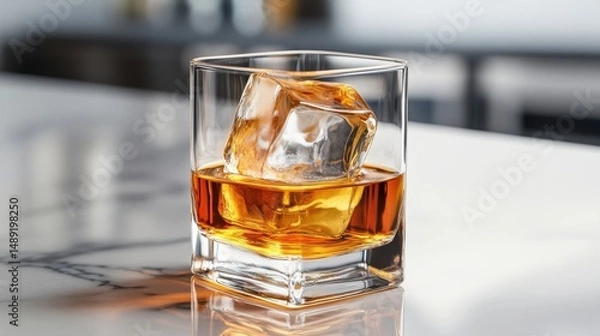 Fototapeta A close-up of a whiskey glass with whiskey poured over a large ice cube, sitting on a polished marble countertop with subtle reflections