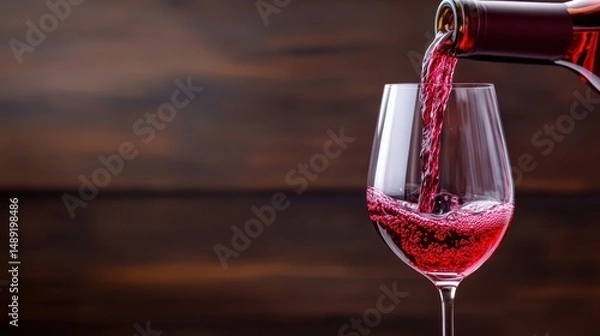 Fototapeta A close-up of pouring Italian red wine into a crystal-clear glass, with the rich color and texture of the wine being highlighted against a dark wooden background