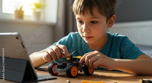 Obraz Boy building a robot car.  Focused child learning and playing with technology